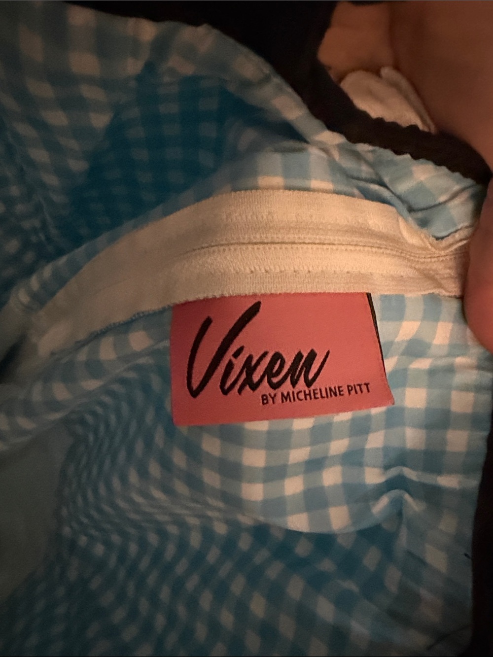 Vixen by Micheline Pitt Bardot Light Blue Gingham Midi Dress with Black Trim - Picture 2 of 5